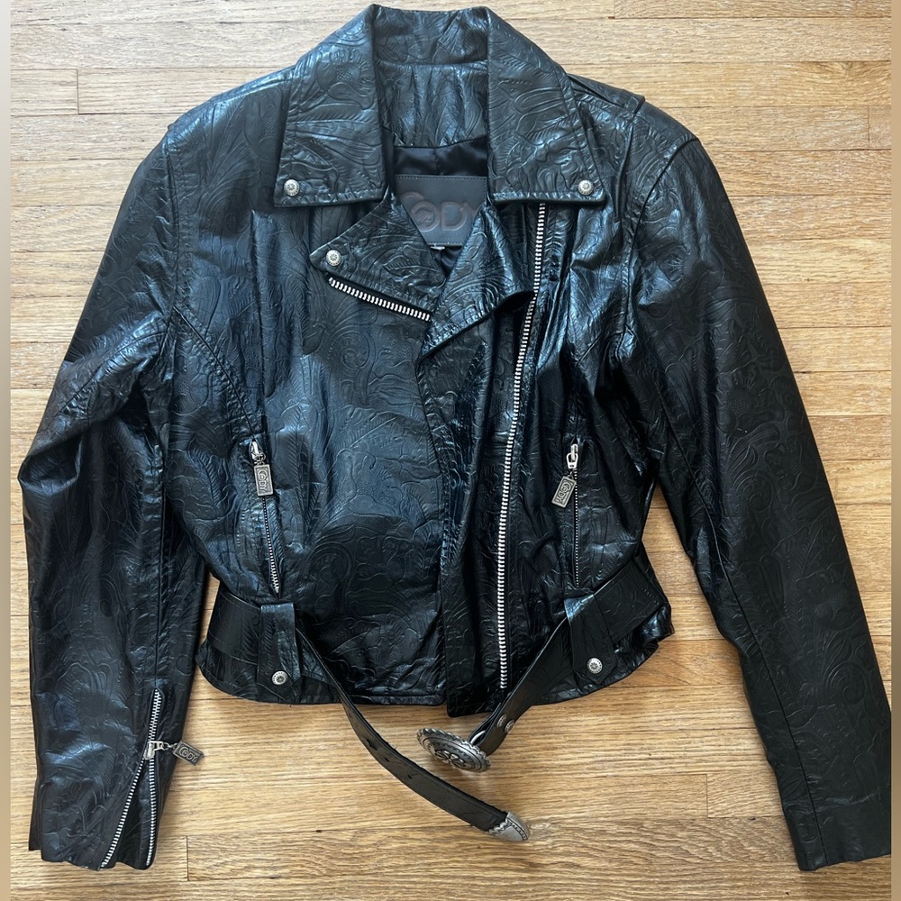 Vintage Black Leather Embossed Floral Moto Jacket Cody